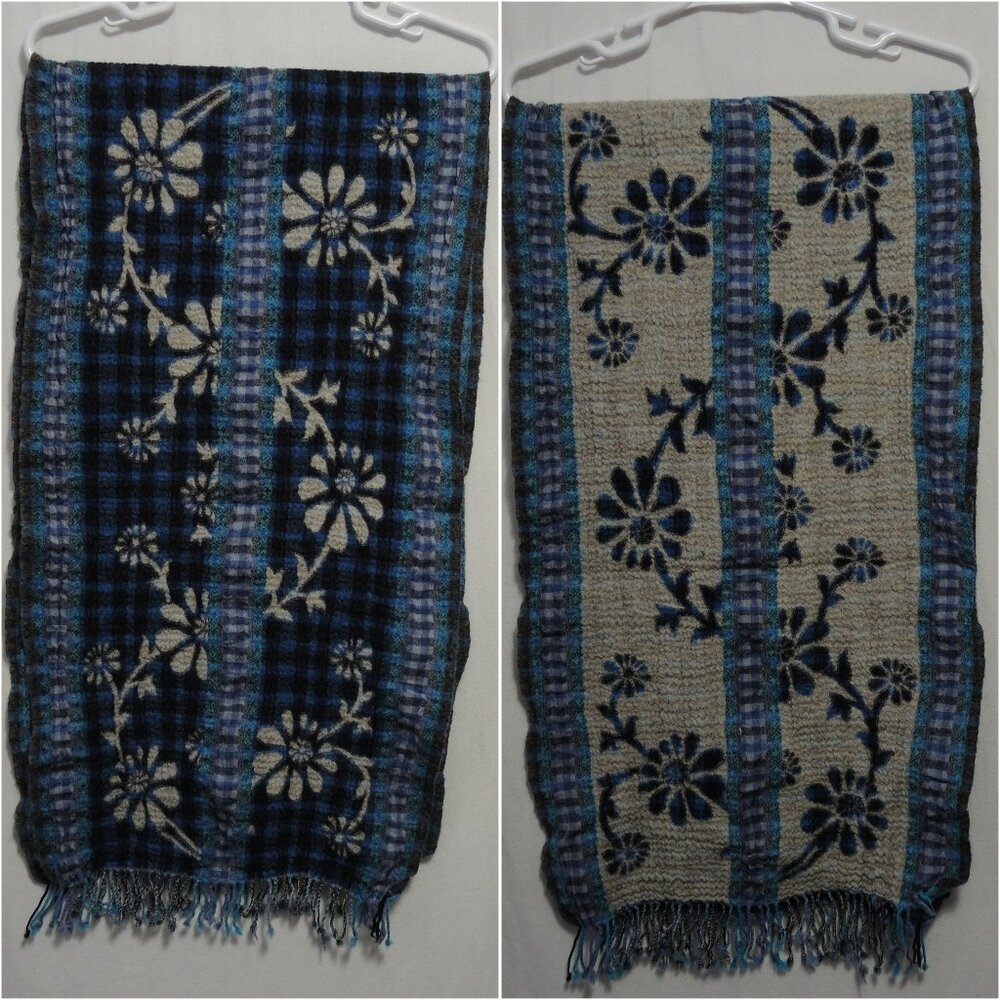 Reversible Damask Scarf Blue, Teal, Gray, Oatmeal Floral 68" L x 19" W + Fringe